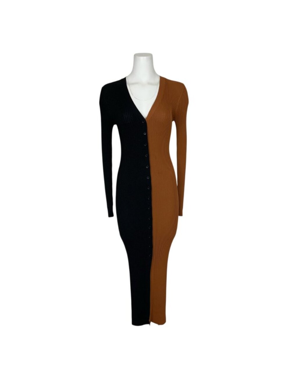 Staud Shoko Colorblocked Midi Dress S Tan Black Ribbed Long Sleeve Fall Fashion - Picture 7 of 16
